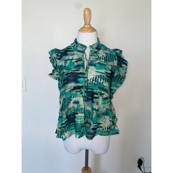 CHUFY Gone Jammin Blouse Green Ruffle Tie Neck Cap Sleeve Cotton/Silk size XS - Picture 1 of 5